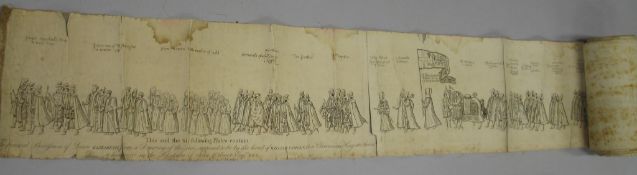 FUNERAL PROCESSION of Queen Elizabeth the First, long sectioned costume panorama, linen-backed, 18th