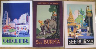 TRAVEL POSTERS, 2 x Burma & 1 x Calcutta), modern pigment prints of 1930's posters (3).