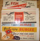 [ADVERTISING] 8 small posters for Burgee ?sh cakes, each 7 x 19 inches, 1950's (8).