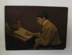 An overpainted photograph of PHIL MAY sketching at a desk.