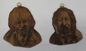 MAORI ART, 2 early 20th c. leather art bookmarks or wall hangings, depicting Maori women, inscr.