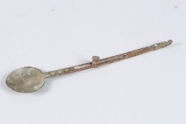 A RARE 11TH - 12TH CENTURY PERISAN OR CENTRAL ASIAN GHAZNAVID BRONZE SPOON with small lion head