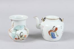 A CHINESE TEAPOT AND A VASE painted with figures and calligraphy. 3.25ins high.