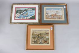 THREE VARIOUS FRAMED AND GALZED INDIAN PICTURES. Tiger hunt, river scene, procession. 6ins x 9ins (
