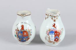 TWO CHINESE ARMORIAL SPARROW BEAK JUGS, circa 1770. Provenance: The Century House. 4ins high.