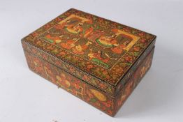 A VERY FINE 19TH CENTURY INDIAN KASHMIRI PAINTED AND LACQUERED WOODEN BOX with figural decoration.