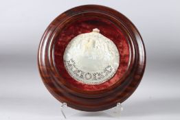 A VERY FINE AND LARGE 19TH CENTURY PALESTINIAN BETHLEHEM CARVED MOTHER-OF-PEARL SHELL in its