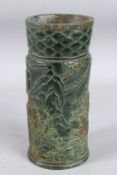 A GOOD TALL CARVED JADE CHINESE BRUSH POT. 10ins high.