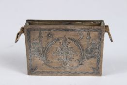 A 19TH CENTURY OTTOMAN, POSSIBLY BALKANS, NIELLO INLAID GILDED WHITE METAL AMULET CASE. 3.75ins x