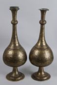 A VERY LARGE 19TH CENTURY PAIR OF PERSIAN QAJAR BRASS HANDLED CARVED VASES.