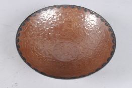 A CHINESE SILVER RIM BROWN CHINESE PORCELAIN BOWL. 8ins diameter.
