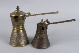 TWO 19TH CENTURY SYRIAN DAMASCUS SILVER INLAID COFFEE POTS. 7ins & 5ins high.