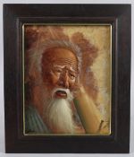 portrait head and shoulders of a man. Signed. Oil on tobacco leaves. 9.5ins x 7.5ins.