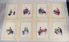 A GOOD SET OF EIGHT CHINESE PICTURES on rice paper. Unframed. 12ins x 7ins. Figures and furniture.