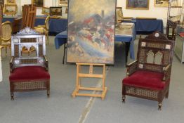 A VERY GOOD PAIR OF ISLAMIC INLAID ARMCHAIRS with parquetry bone and ivory inlay, bobbin turned