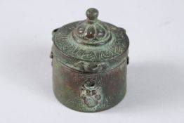 A 13TH CENTURY PERSIAN KHURASAN SELJUK BRONZE INKWELL with Kufic calligraphy. 2.5ins high x 2.