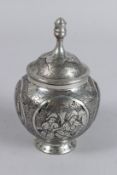 A GOOD ISLAMIC ANTIQUE PERSIAN WHITE METAL VASE AND COVER. 6ins high.