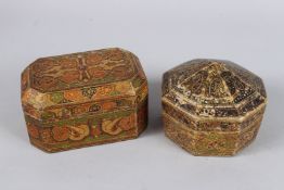 TWO 19TH CENTURY INDIAN KASHMIRI LACQUERED PAPIER MACHE BOXES. 5.5ins x 4.5ins.