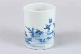 A CHINESE BLUE AND WHITE CIRCULAR BRUSH POT with men fishing. 5ins high x 3.5ins diameter.