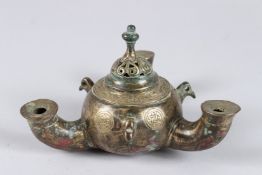 A RARE 12TH - 13TH PERSIAN OR CENTRAL ASIAN KHURASSAN SELJUK BRONZE TRIPLE SPOUTED OIL LAMP with