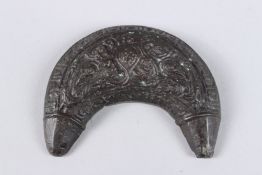 A RARE 11TH - 12TH CENTURY PERSIAN OR CENTRAL ASIAN SELJUK BRONZE CRESCENT SHAPED WEIGHT with fine