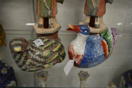 A Chinese pottery box and cover modelled as a quail together with a similar modelled as a duck.