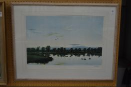 Sir Peter Scott, sunset from the artists window, colour print, pencil signed.
