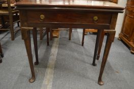 A good George III mahogany rectangular fold-over tea table with a single frieze drawer on cabriole