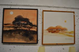 Richard Akerman, landscape with oast house, oil on canvas, signed together with its companion piece,