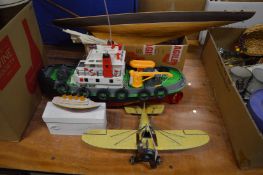 Tin plate model of an aeroplane and other items to include a sailing boat.