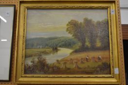 Gathering the corn, oil on board.