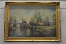 River scene with cottages and boats, oil on canvas.