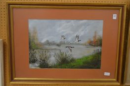 Mallards in flight, colour print.