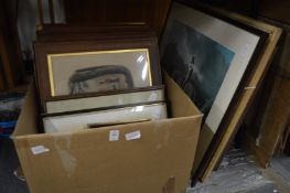 Quantity of paintings and prints to include a set of six military excursions.