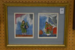 Company school, Indian characters, gouache on mica, two pictures mounted as one.