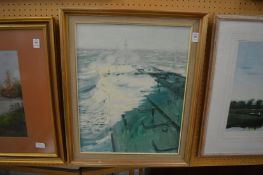 Peter Knox, waves crashing over the bow of a tanker, oil on canvas.