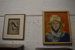 Bust length portrait of a lady wearing hat and blue jacket, oil on canvas together with head of