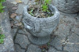 A pair of small reconstituted stone pedestal plant pots.