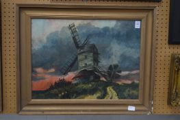 Windmill on a cloudy hill top, oil on board.