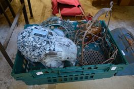 Wrought iron flower basket, metal model of an elephant etc.