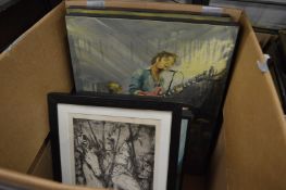 A group of contemporary paintings and an engraving.