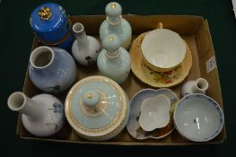 Small porcelain items to include Royal Crown Derby vases, pair of Chinese blue and white tea