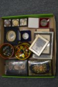 Silver photograph frames, lacquer boxes and other items.