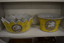 Two decorative yellow ground porcelain jardinieres.
