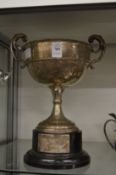 A silver twin handled trophy cup.