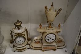 A marble and ormolu mantel clock with enamel dial (lacking hands) together with an alabaster