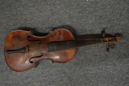 A violin with a one piece back and a bow (violin unlabelled, bow with faults).