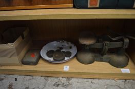 Weighing scales and weights etc.