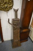 An early French wrought iron and oak cart jack, stamped Guigue, Lyon.