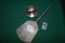 Silver backed hand mirror, silver pendant and a Capstan inkwell.